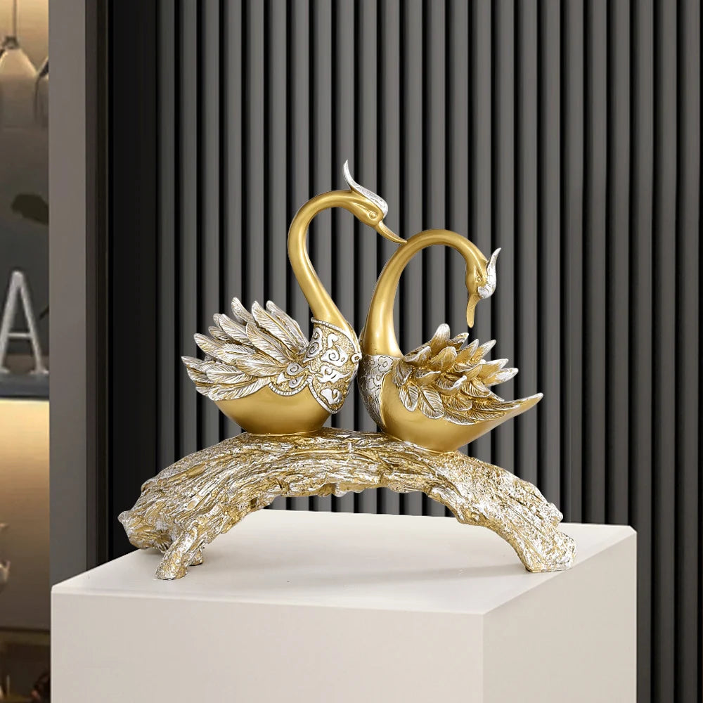 14.2" Gold Swan Couple Sculpture – Modern Decorative Art for Home or Table Display