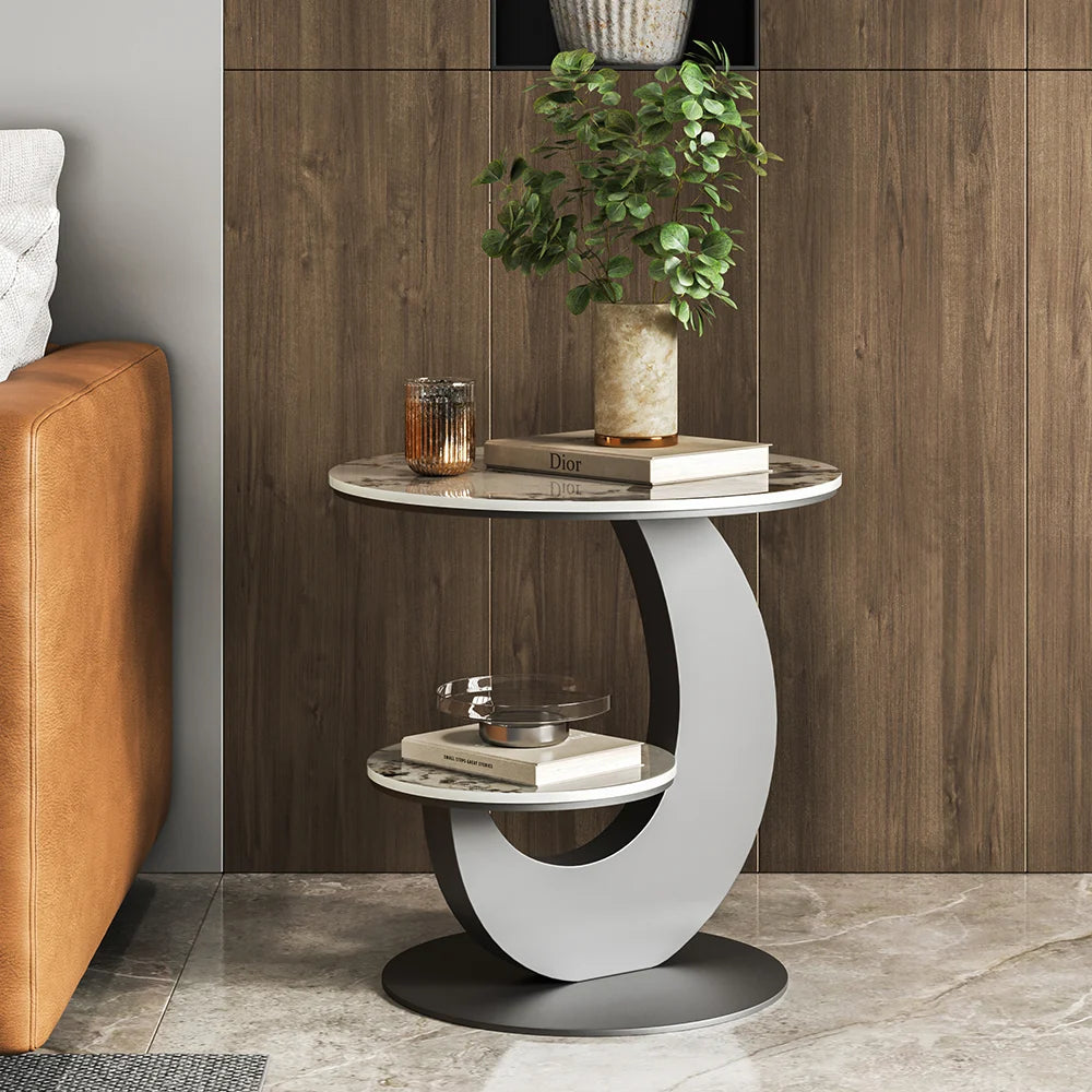 Modern 2-Tier Sintered Stone Round Side Table – Sleek and Minimalist Design for Living Room