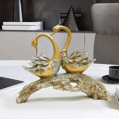 14.2" Gold Swan Couple Sculpture – Modern Decorative Art for Home or Table Display