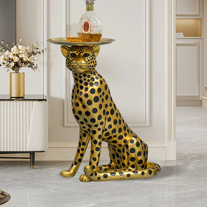 Luxury Gold Panther Resin End Table – Leopard Accent Side Table with Tray Top for Drinks