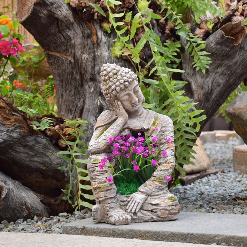 Outdoor Garden Sleeping Buddha Sculpture with Magnesium Oxide Planter – Decorative Flower Pot