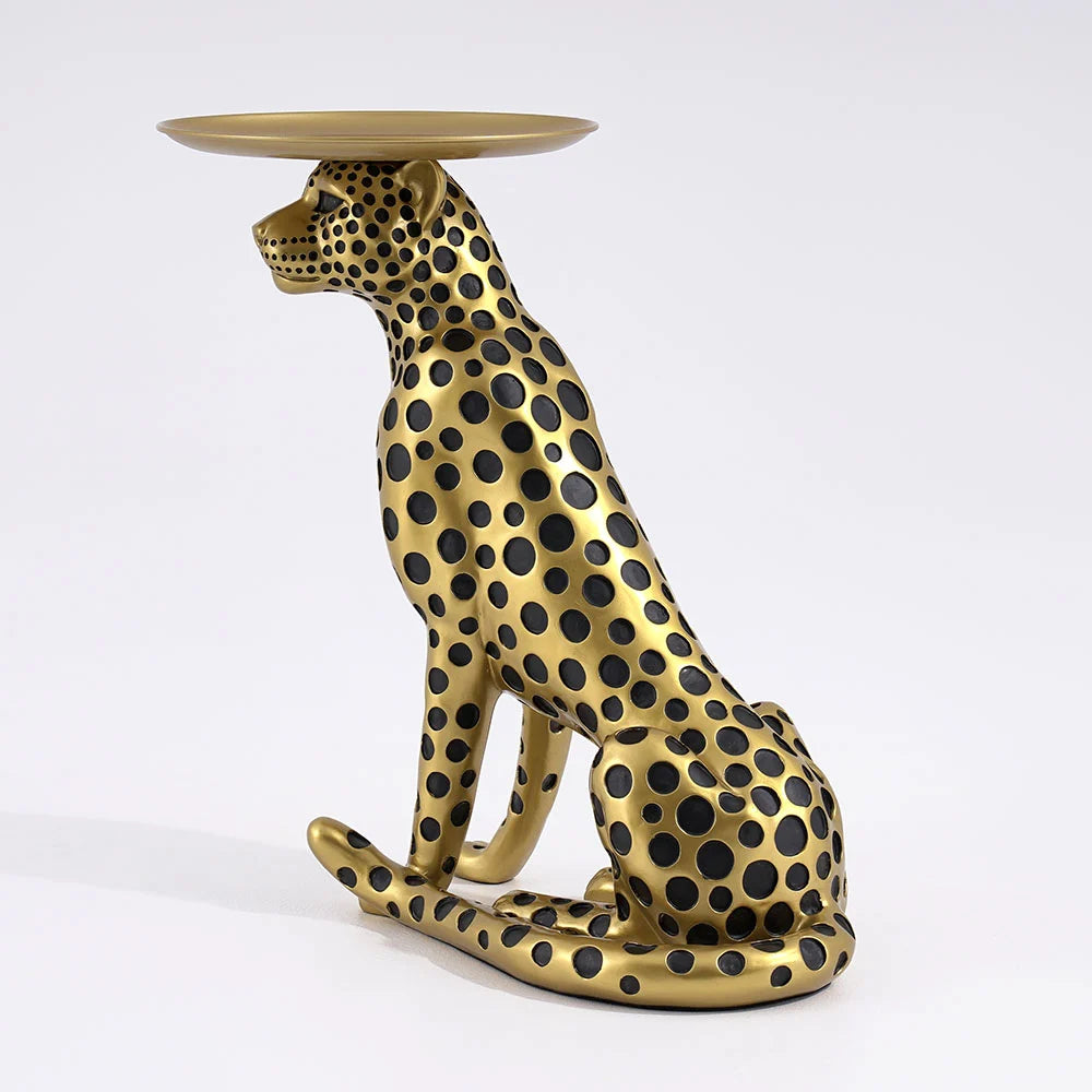 Luxury Gold Panther Resin End Table – Leopard Accent Side Table with Tray Top for Drinks