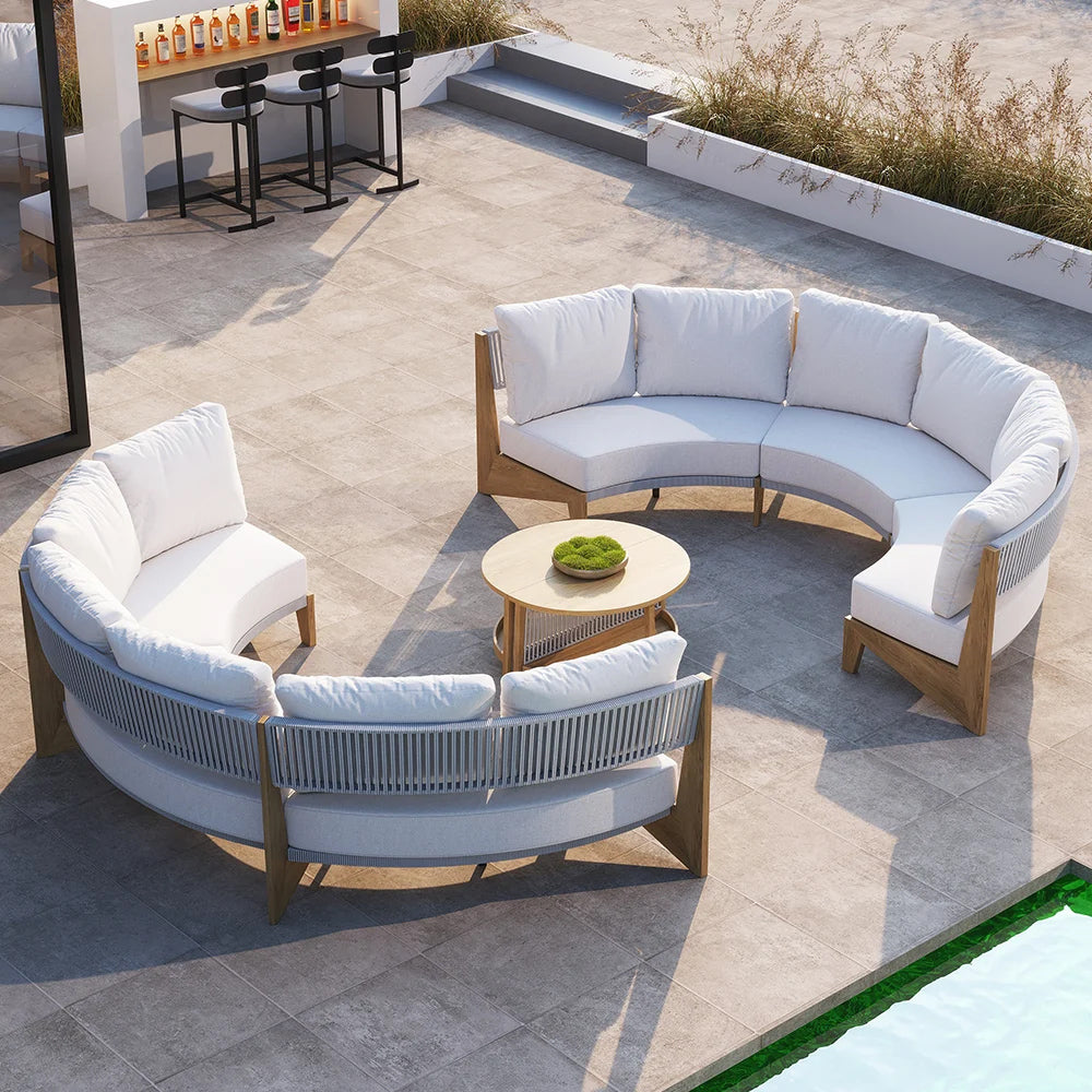 Curved Aluminum Outdoor Round Sectional Sofa Set with Coffee Table – Customizable Frame & Cushion Colors