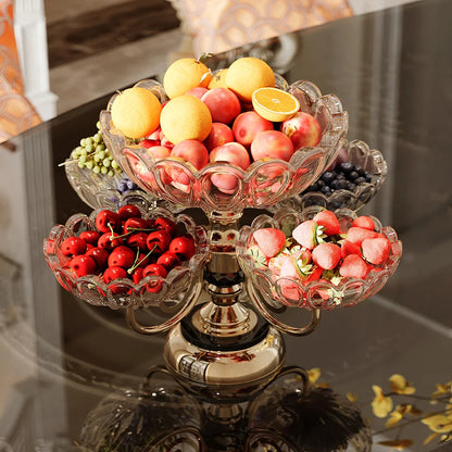 Luxury Rotating Glass Fruit Bowl with Rose Gold Base – Multi-Tier Decorative Serving Stand