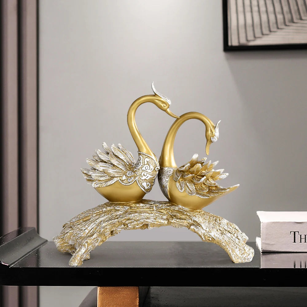 14.2" Gold Swan Couple Sculpture – Modern Decorative Art for Home or Table Display