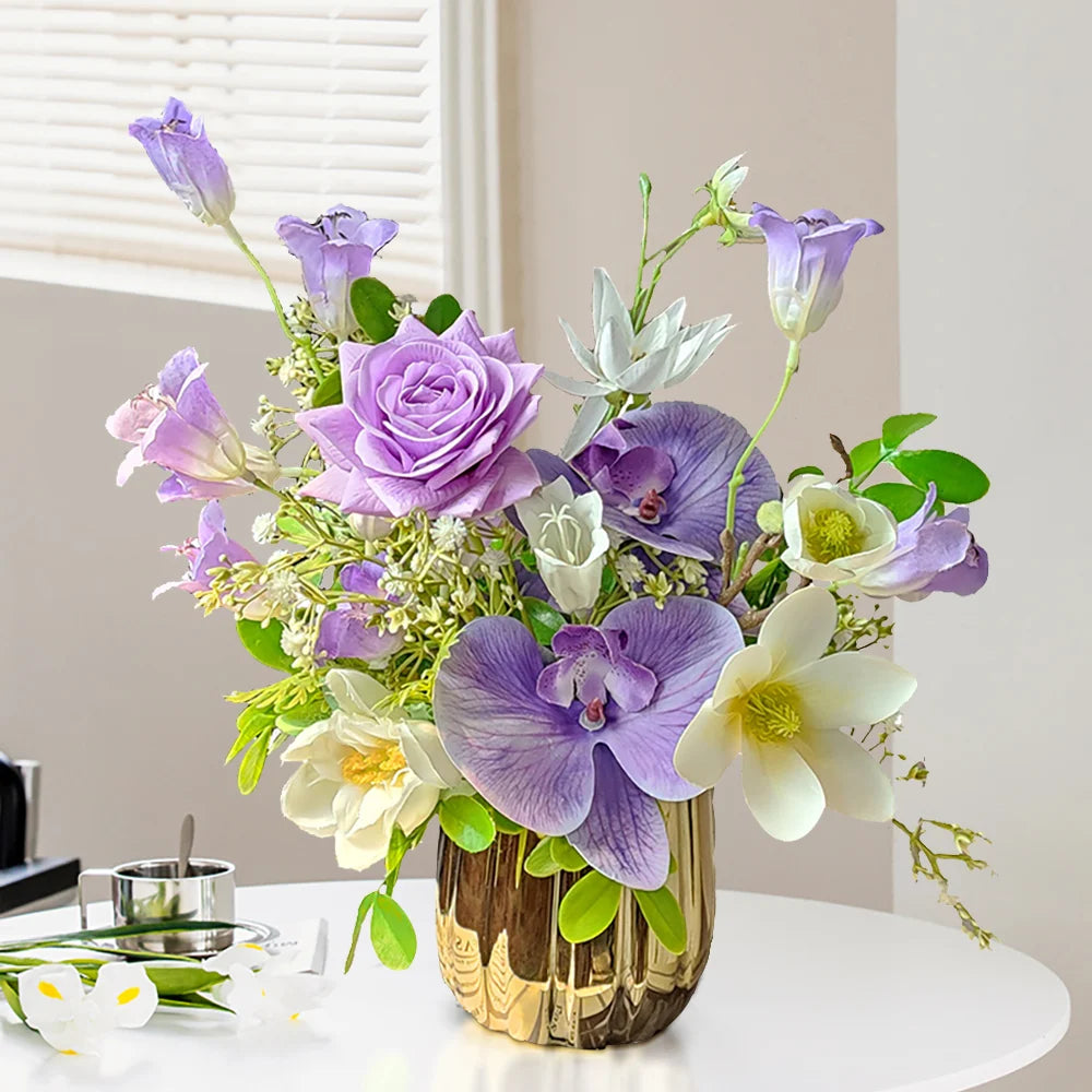 Elegant Purple Artificial Flower Arrangement in Gold Vase – Perfect Dining Table Centerpiece