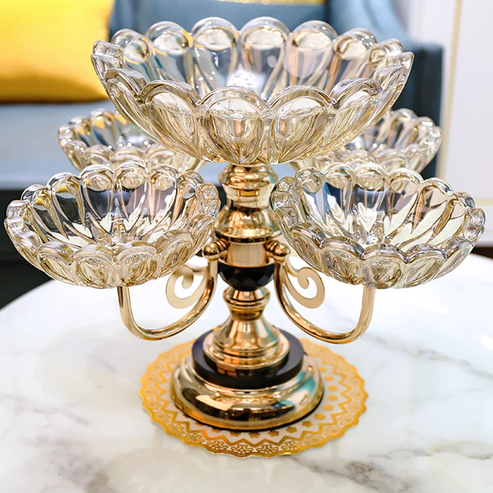 Luxury Rotating Glass Fruit Bowl with Rose Gold Base – Multi-Tier Decorative Serving Stand