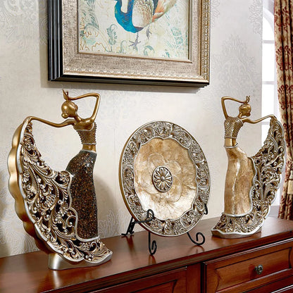 3-Piece Vintage Gold Dancer Sculpture Set with Decorative Shell Plate – Elegant Desktop Decor