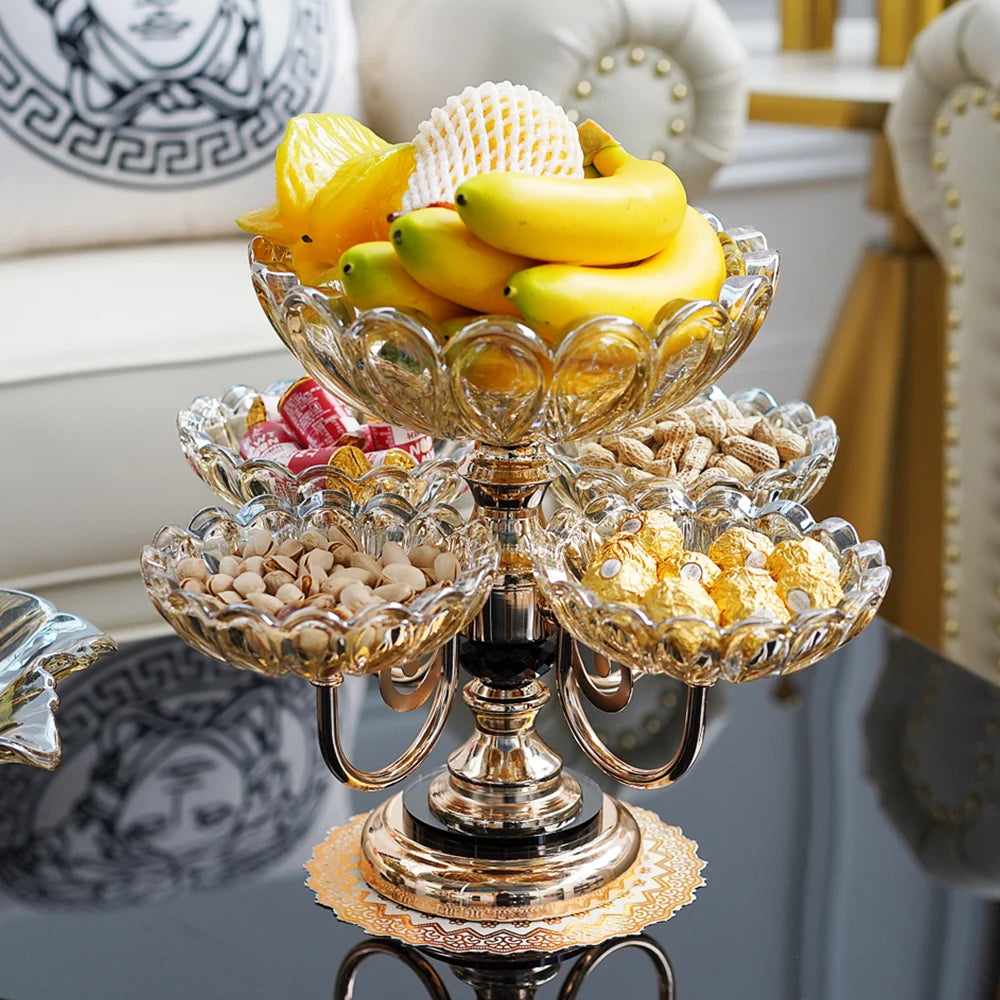 Luxury Rotating Glass Fruit Bowl with Rose Gold Base – Multi-Tier Decorative Serving Stand