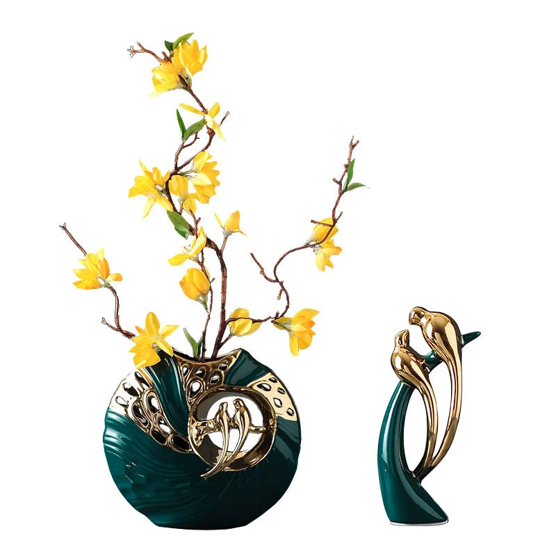 2-Piece Modern Yellow Artificial Flower Arrangement in Green Magpie Ceramic Vase – Home Decor