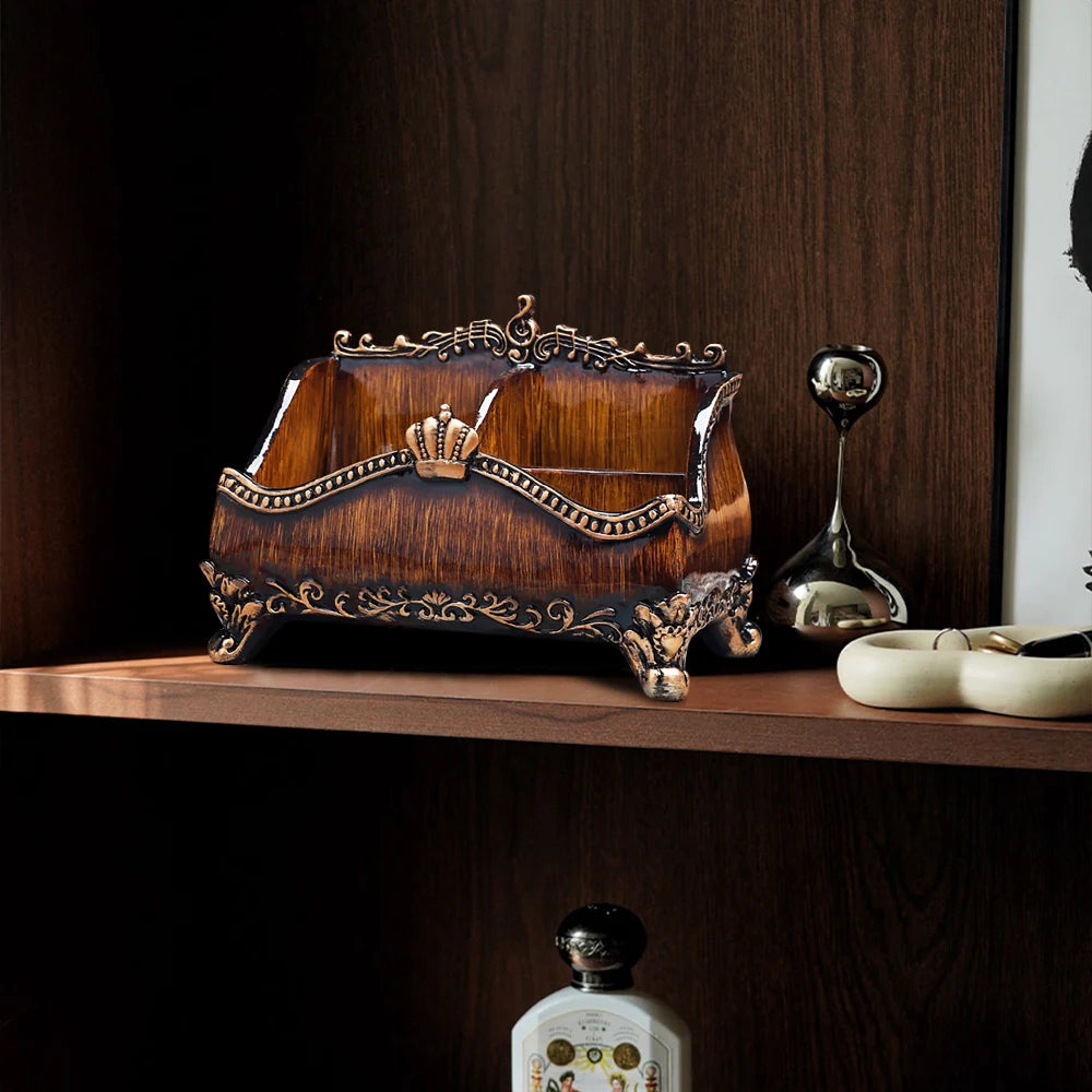 -Vintage Brown Resin Remote Control Holder – Elegant Living Room Storage Box and Home Decor