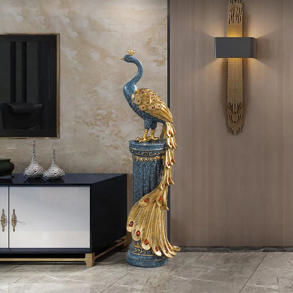 27.6" Large White & Gold Glam Peacock Floor Sculpture – Elegant Decor for Living Room & Bedroom