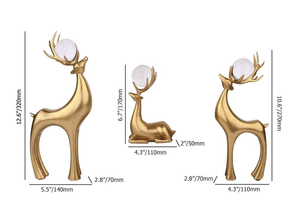 3-Piece Gold Resin Reindeer Sculpture Set – Christmas Deer Decor for Living Room