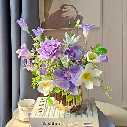 Elegant Purple Artificial Flower Arrangement in Gold Vase – Perfect Dining Table Centerpiece