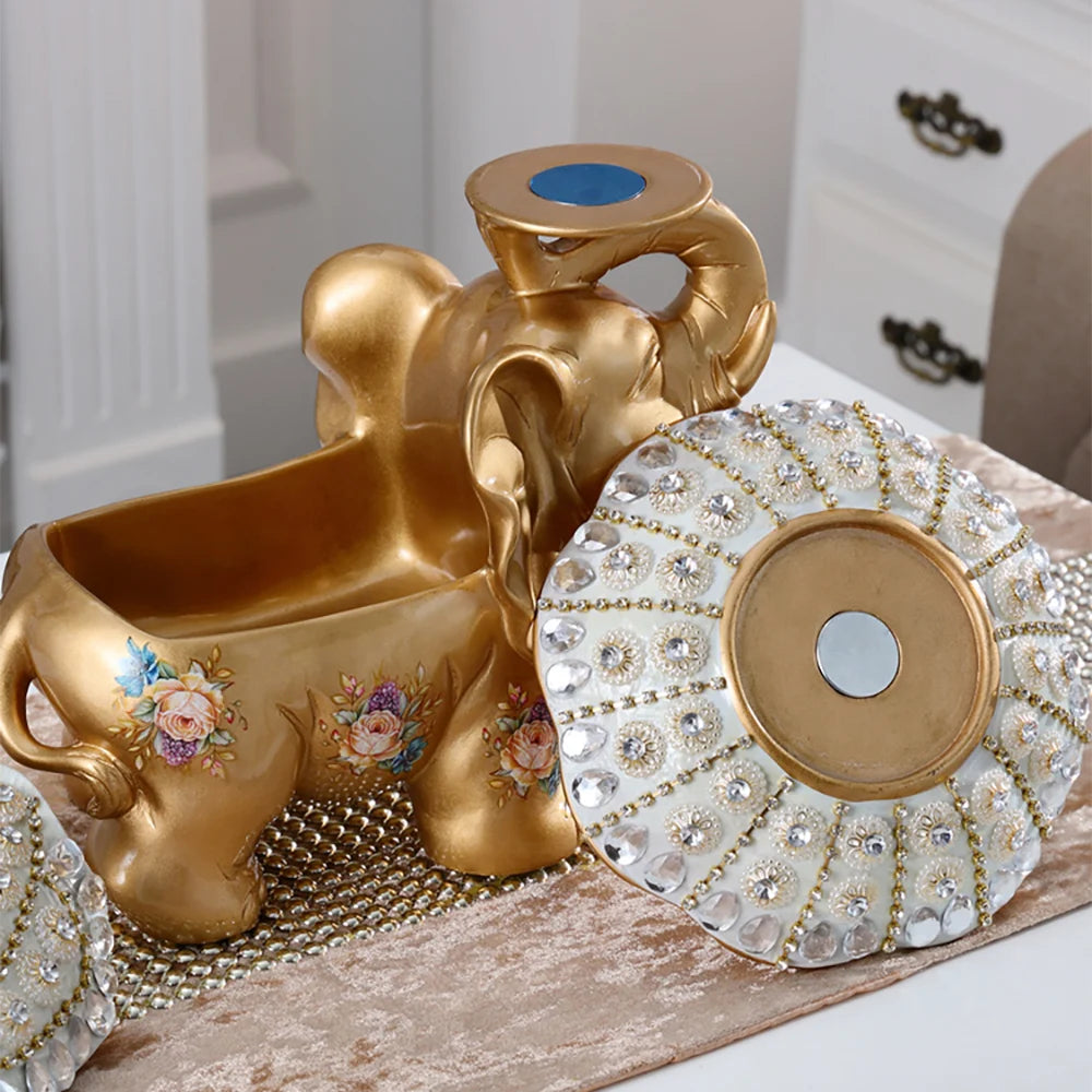 Luxurious Gold Elephant Fruit Basket with Tissue Holder – Elegant Resin Snack Tray Decor