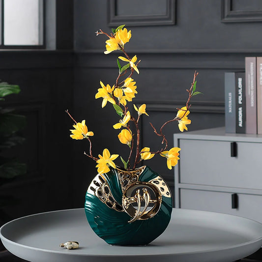 2-Piece Modern Yellow Artificial Flower Arrangement in Green Magpie Ceramic Vase – Home Decor