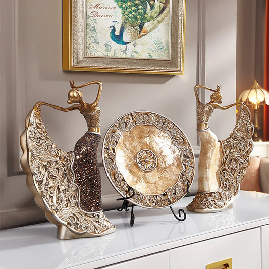 3-Piece Vintage Gold Dancer Sculpture Set with Decorative Shell Plate – Elegant Desktop Decor