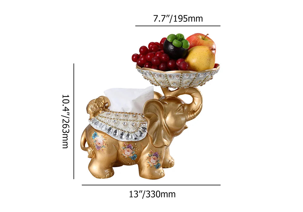 Luxurious Gold Elephant Fruit Basket with Tissue Holder – Elegant Resin Snack Tray Decor