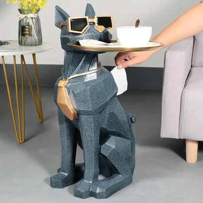 Modern Resin Dog Sculpture End Table with Metal Storage Tray and Tissue Box – Available in Multiple Colors