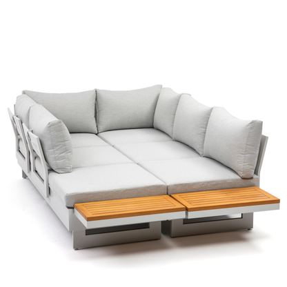 Molise II – Modular Aluminum Outdoor Sofa Set for 6, Gen 2 with Acacia Wood Accent Tables