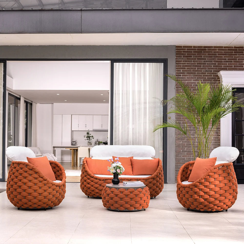 4-Seat Woven Rope Outdoor Sofa Set with Marble-Look Coffee Table