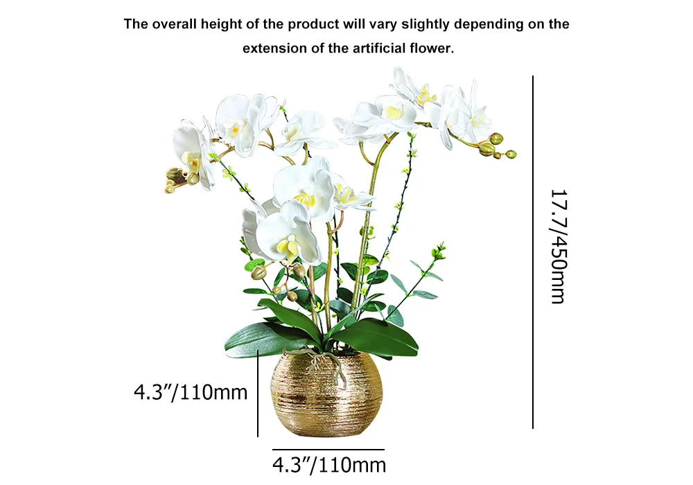 Elegant White Artificial Orchids with Gold Brushed Ceramic Vase – Perfect Tabletop Decoratio