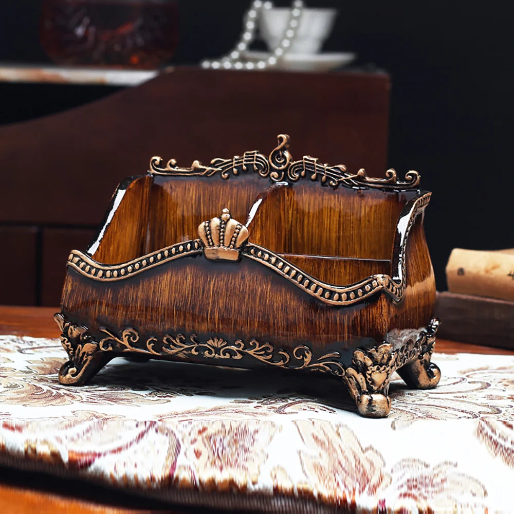 -Vintage Brown Resin Remote Control Holder – Elegant Living Room Storage Box and Home Decor