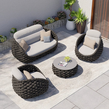 4-Seat Woven Rope Outdoor Sofa Set with Marble-Look Coffee Table