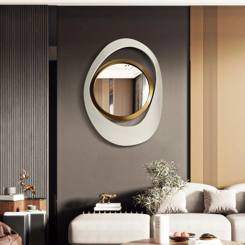 Modern 23.6" White & Gold Abstract Geometric Wall Mirror – Decorative Accent for Living Room or Bedroom