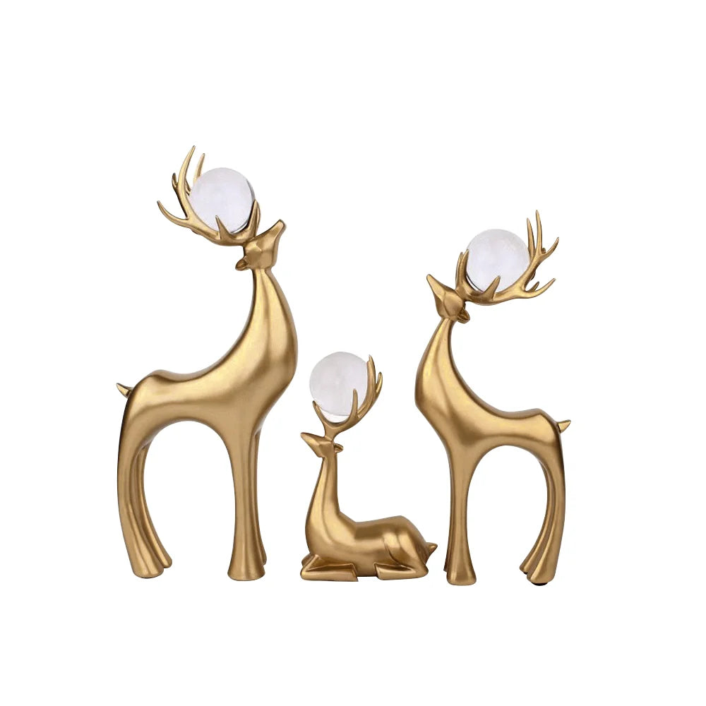 3-Piece Gold Resin Reindeer Sculpture Set – Christmas Deer Decor for Living Room