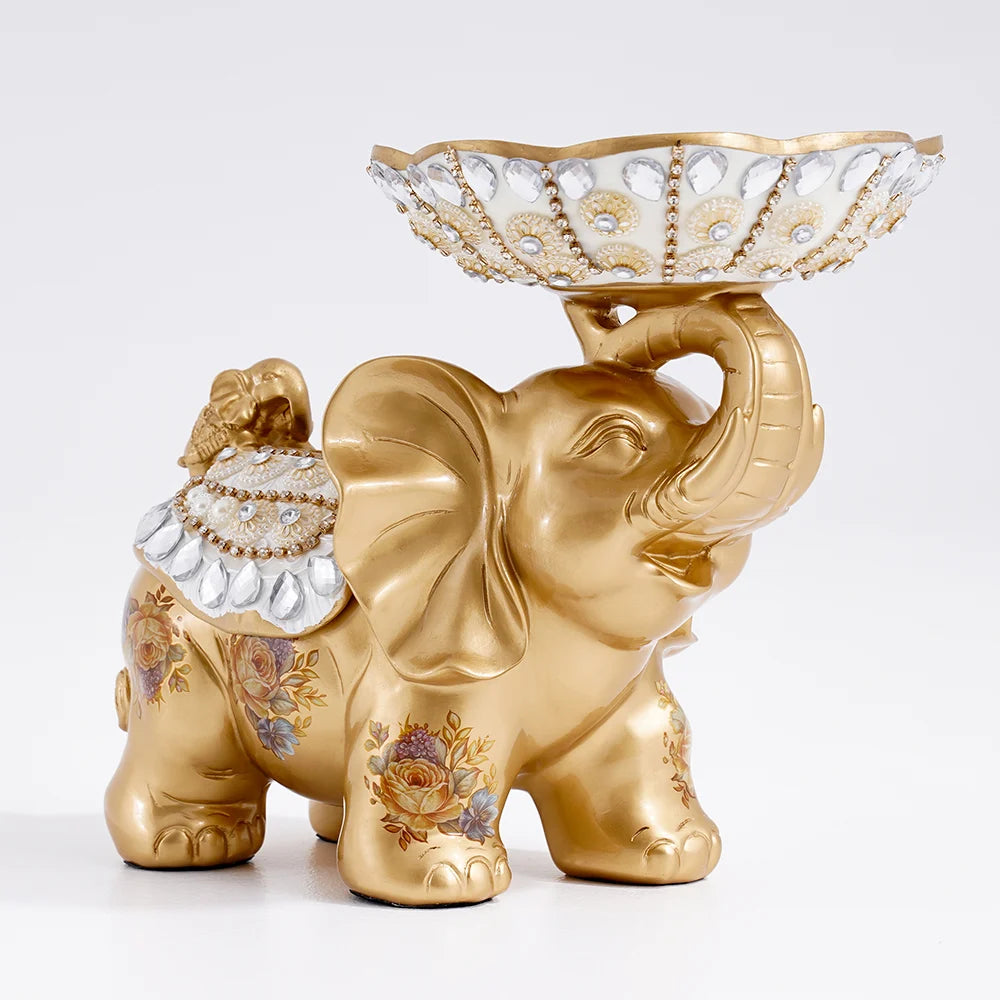 Luxurious Gold Elephant Fruit Basket with Tissue Holder – Elegant Resin Snack Tray Decor