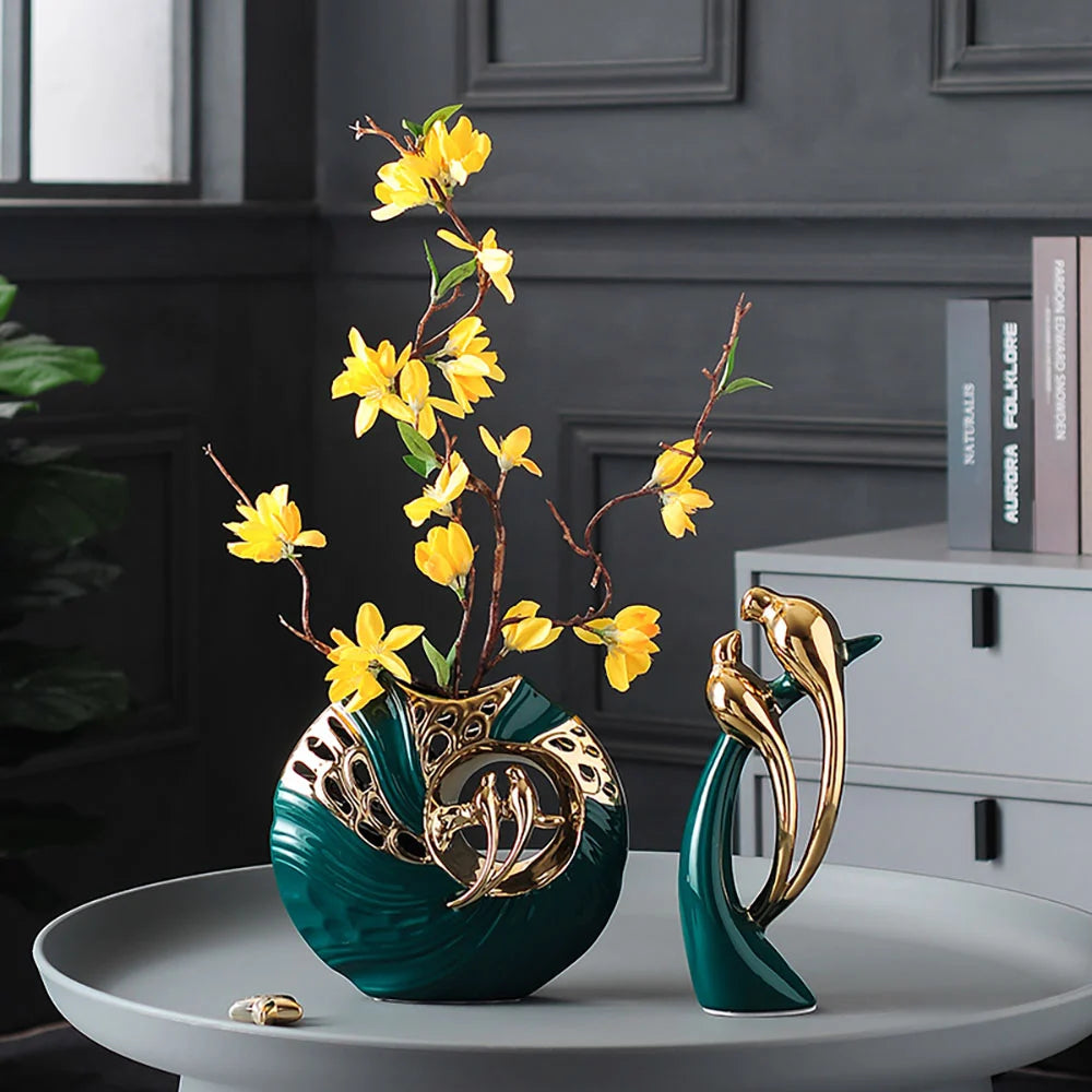 2-Piece Modern Yellow Artificial Flower Arrangement in Green Magpie Ceramic Vase – Home Decor