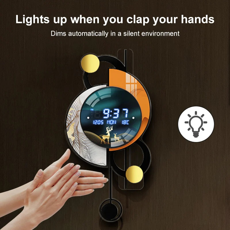 26.4" LED Silent Wall Clock with Multi-Function Display and Voice-Activated Pendulum