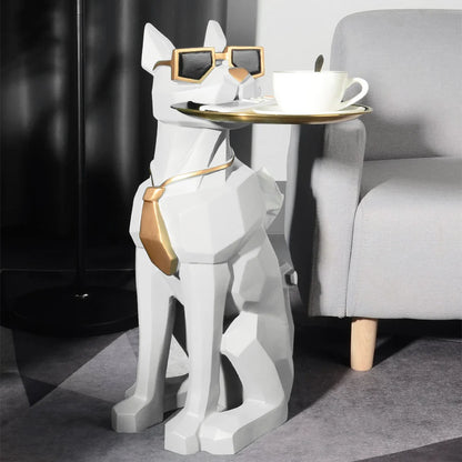 Modern Resin Dog Sculpture End Table with Metal Storage Tray and Tissue Box – Available in Multiple Colors