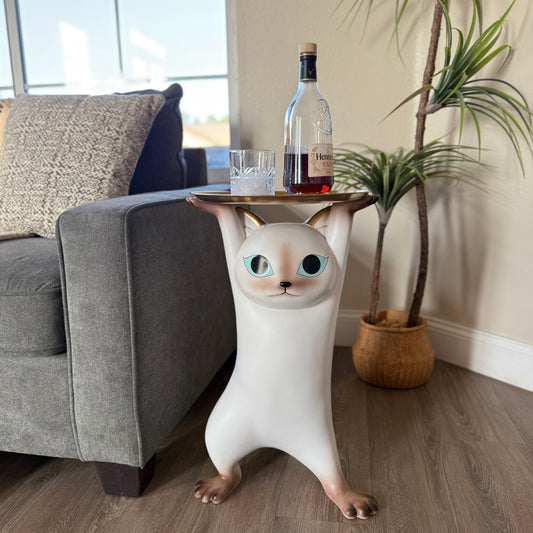 Modern Resin Cat Side Table with Gold Tray – Decorative Floor Figurine End Table