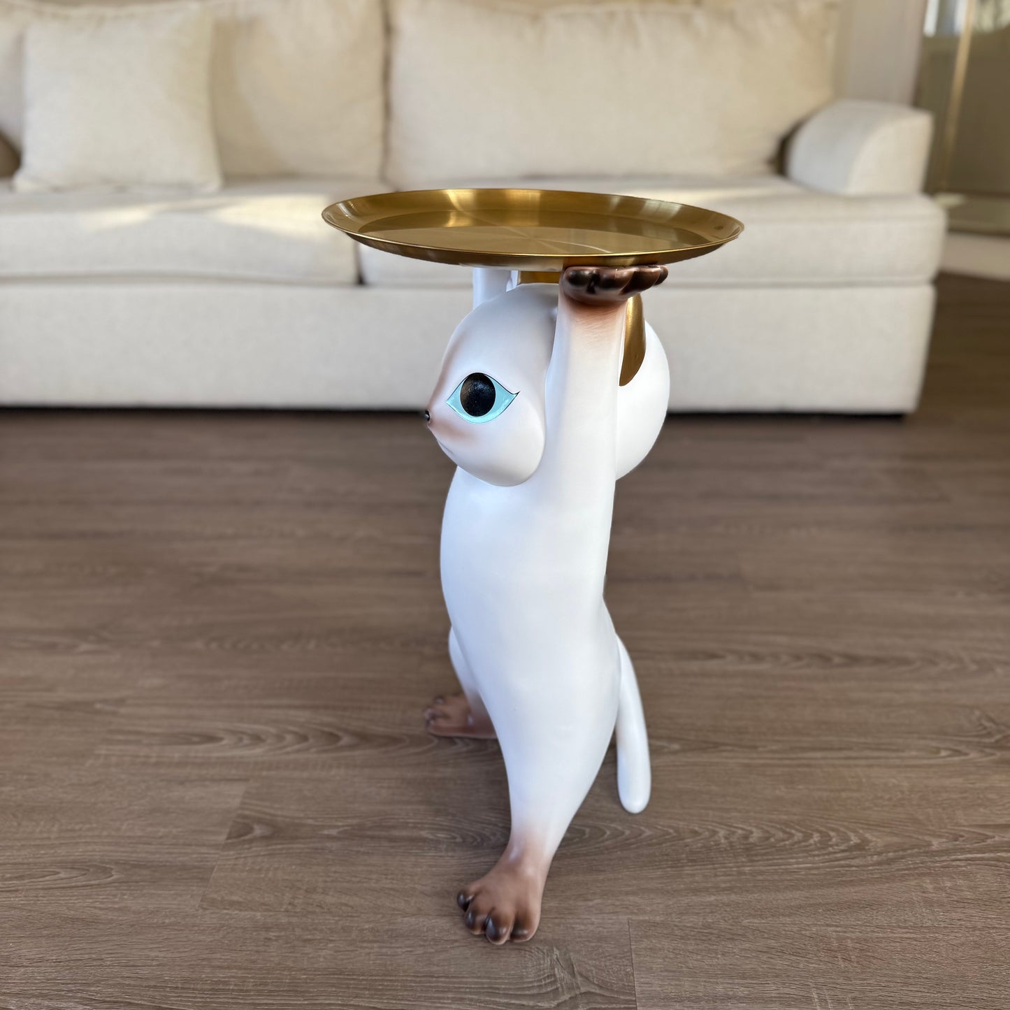 Modern Resin Cat Side Table with Gold Tray – Decorative Floor Figurine End Table