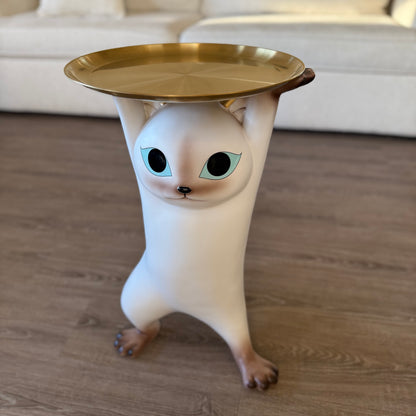 Modern Resin Cat Side Table with Gold Tray – Decorative Floor Figurine End Table