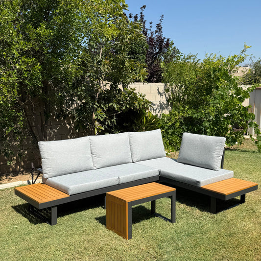 Outdoor Acacia Wood Sectional Sofa Set with Cushions & Side Table – Seats 4
