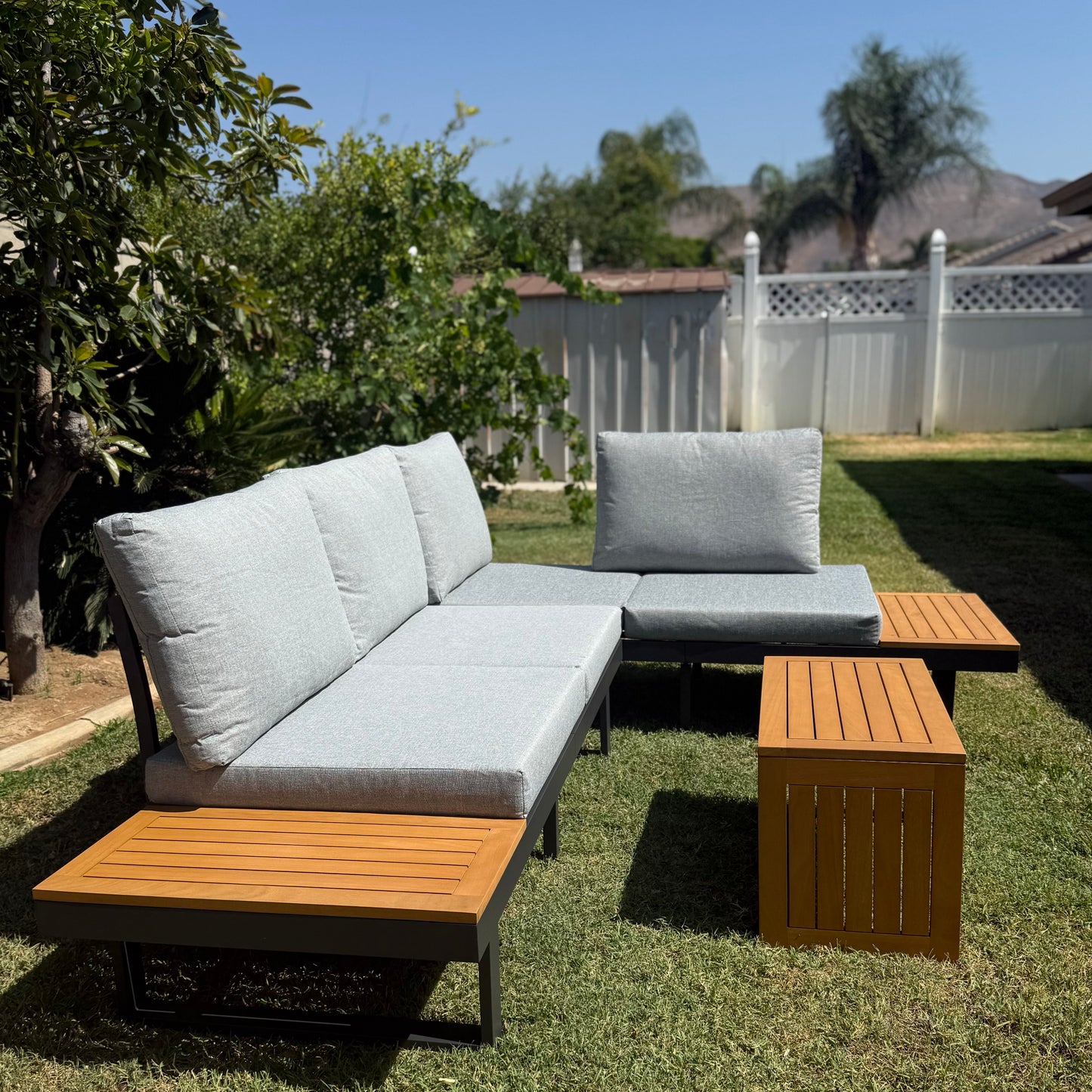Outdoor Acacia Wood Sectional Sofa Set with Cushions & Side Table – Seats 4