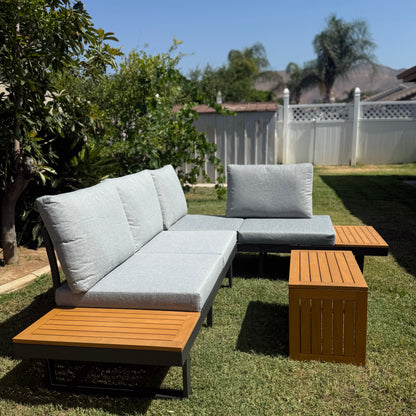 Outdoor Acacia Wood Sectional Sofa Set with Cushions & Side Table – Seats 4