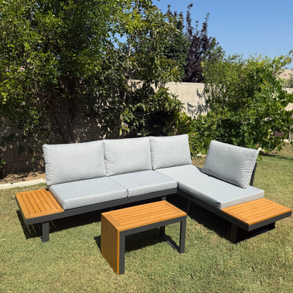 Outdoor Acacia Wood Sectional Sofa Set with Cushions & Side Table – Seats 4