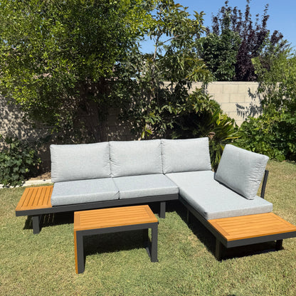 Outdoor Acacia Wood Sectional Sofa Set with Cushions & Side Table – Seats 4