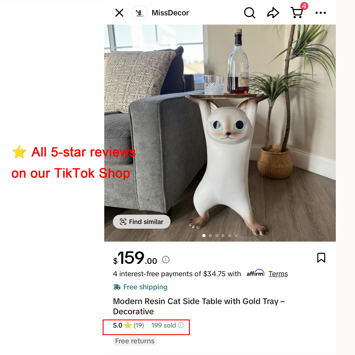 Modern Resin Cat Side Table with Gold Tray – Decorative Floor Figurine End Table