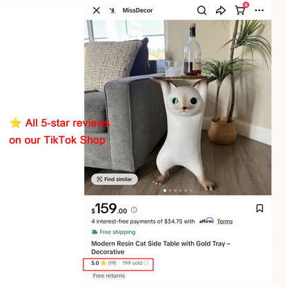 Modern Resin Cat Side Table with Gold Tray – Decorative Floor Figurine End Table