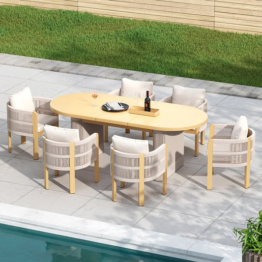 7-Piece Outdoor Dining Set with Extendable Table and 6 Rope Woven Armchairs – Weather-Resistant Patio Furniture for 6 People