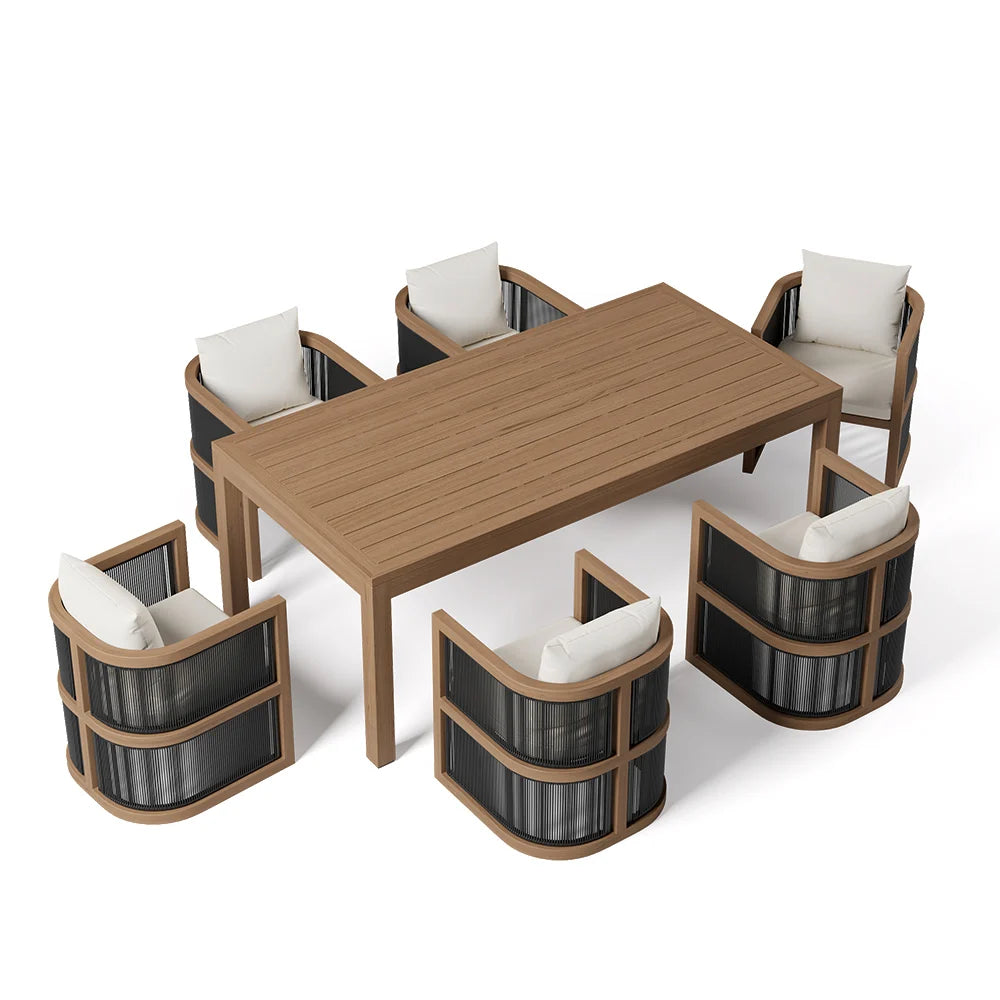7-Piece Outdoor Dining Set for 6 – Rectangular Table with Rope-Woven Armchairs in Natural Finish