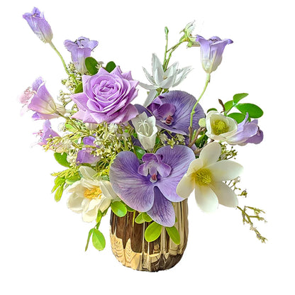 Elegant Purple Artificial Flower Arrangement in Gold Vase – Perfect Dining Table Centerpiece