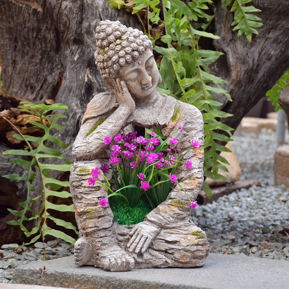 Outdoor Garden Sleeping Buddha Sculpture with Magnesium Oxide Planter – Decorative Flower Pot