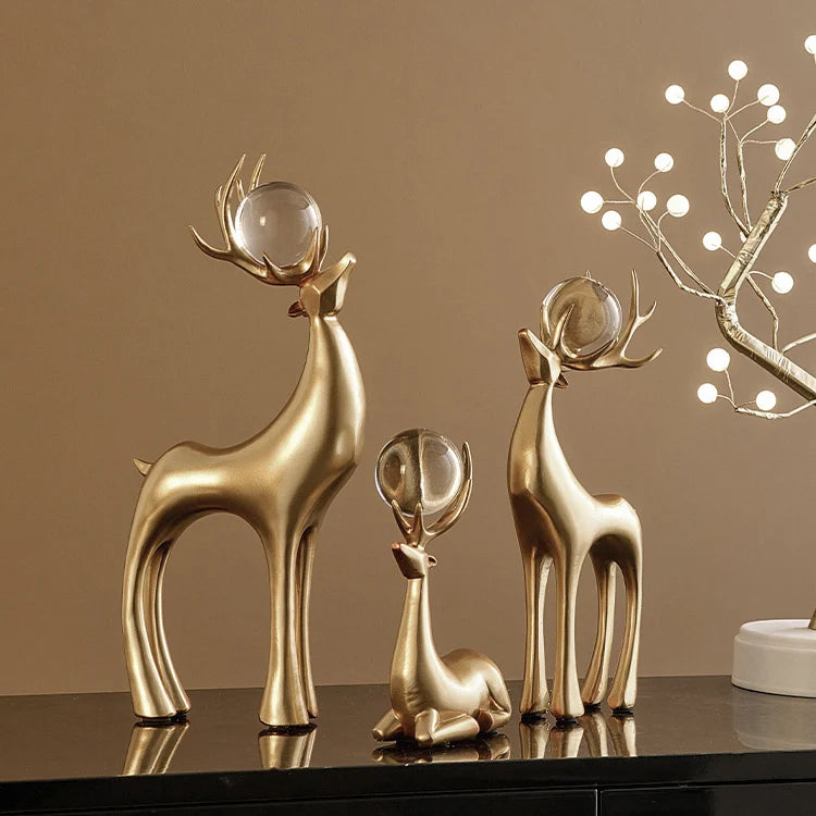 3-Piece Gold Resin Reindeer Sculpture Set – Christmas Deer Decor for Living Room