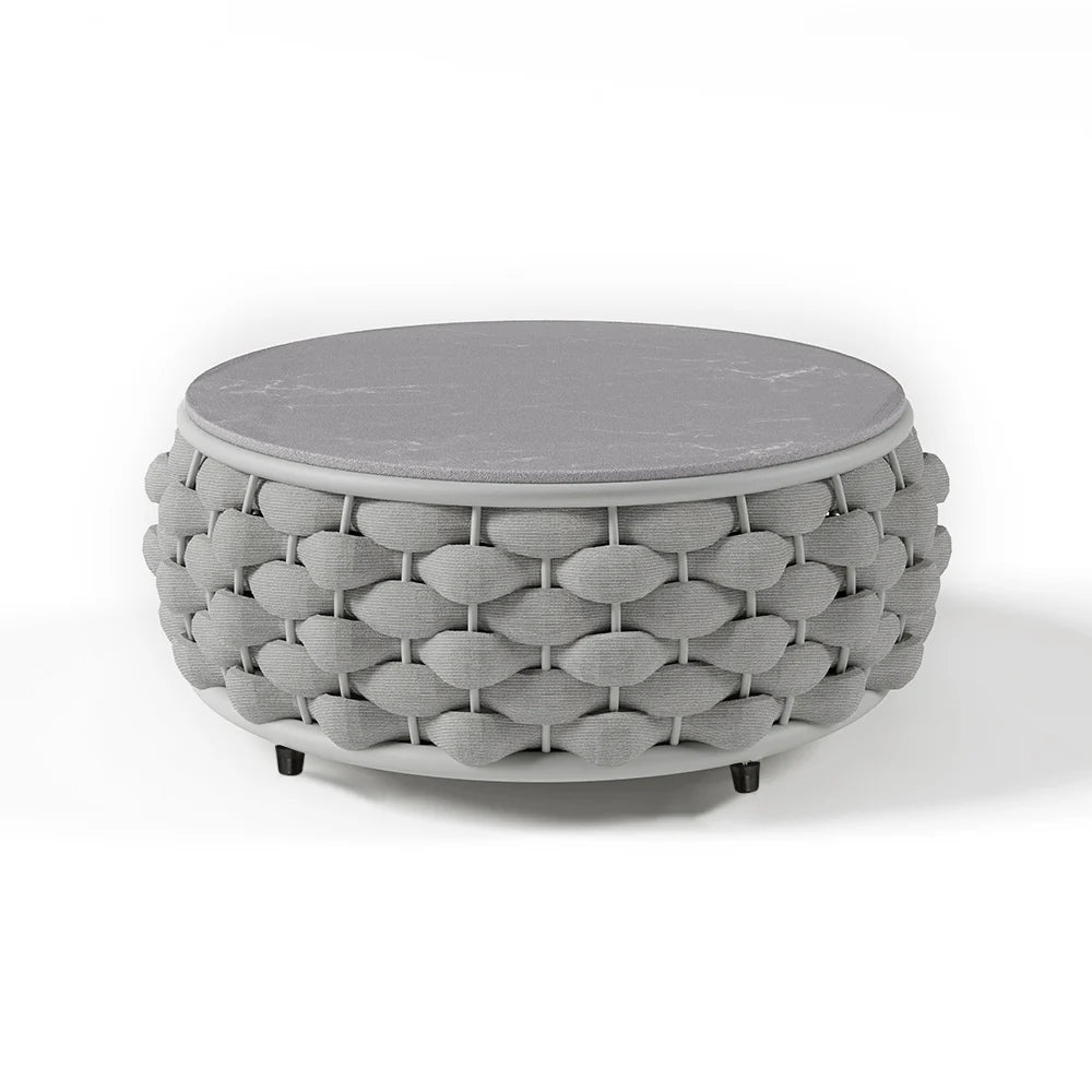4-Seat Woven Rope Outdoor Sofa Set with Marble-Look Coffee Table